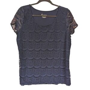 Lane Bryant Plus Size Lace Top Navy Blue‎ Crochet Short Sleeve Blouse 14/16